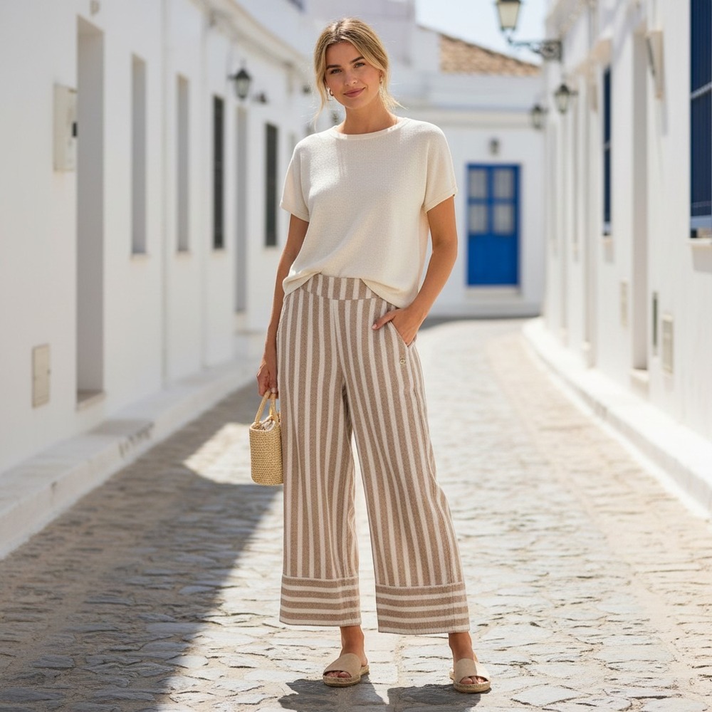 ROXY Women's Striped Wide‎ Leg Crop Pants XS Brown White Pink Casual Beach Boho